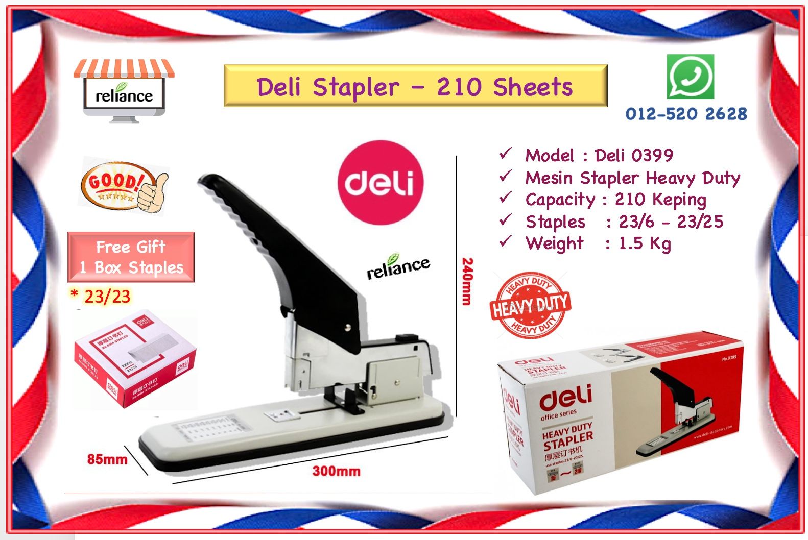 Deli Heavy Duty Stapler / Deli Stapler # Stapler Capacity : 210 Keping # 210 Sheet # Model - 0399 / 0385 # RS1131 ( KTT : 1 Unit )
