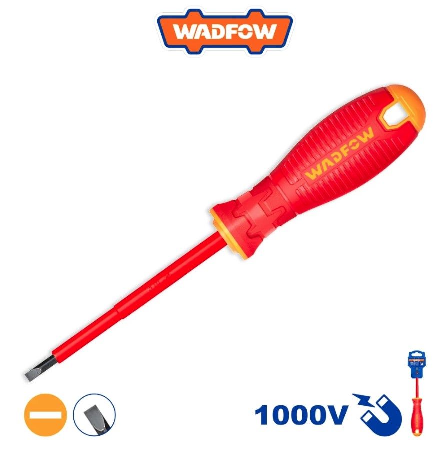 WADFOW INSULATED SLOTTED SCREWDRIVER (1000V) SIZE: SL4/SL6.5, LENGTH: 100MM/150MM BLACK MAGNETISED TIP WSD7244 / WSD7266