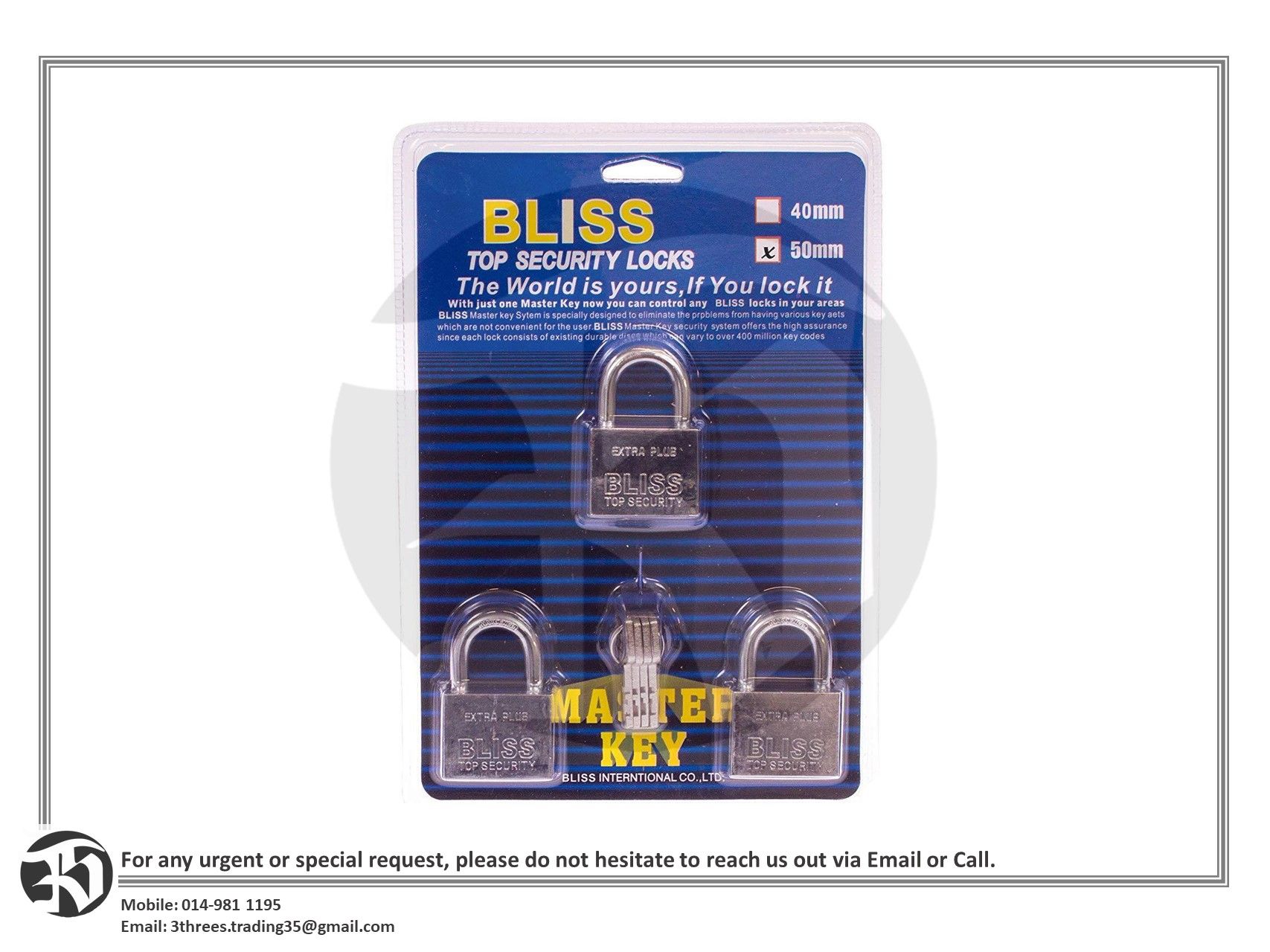 Bliss Top Security Locks Chrome Padlock 50mm (3 Sets)