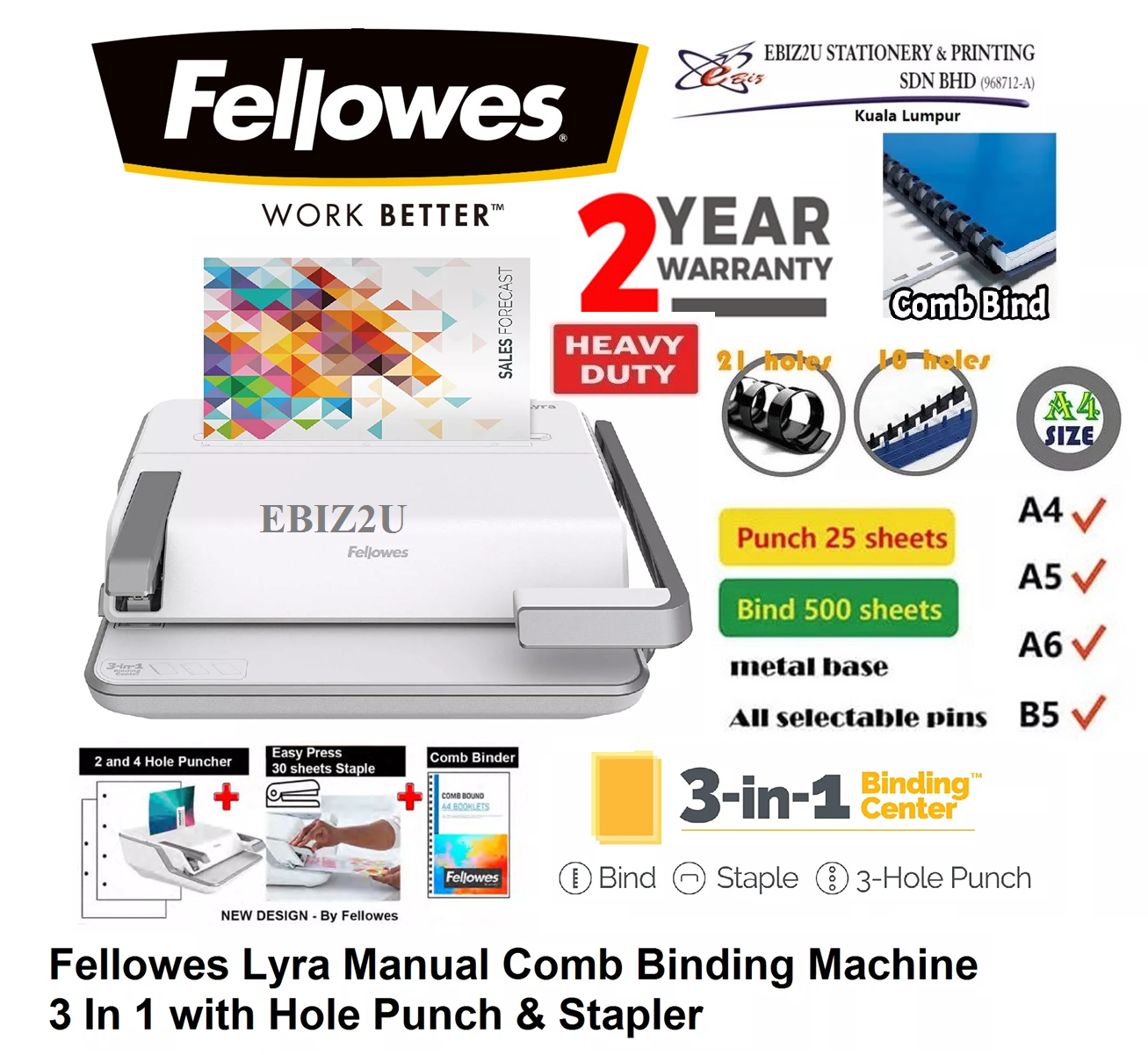 Fellowes Lyra Manual Comb Binding Machine 3 In 1 with Hole Punch & Stapler (binding machine, heavy duty binding machine, comb binder, comb binding machine)