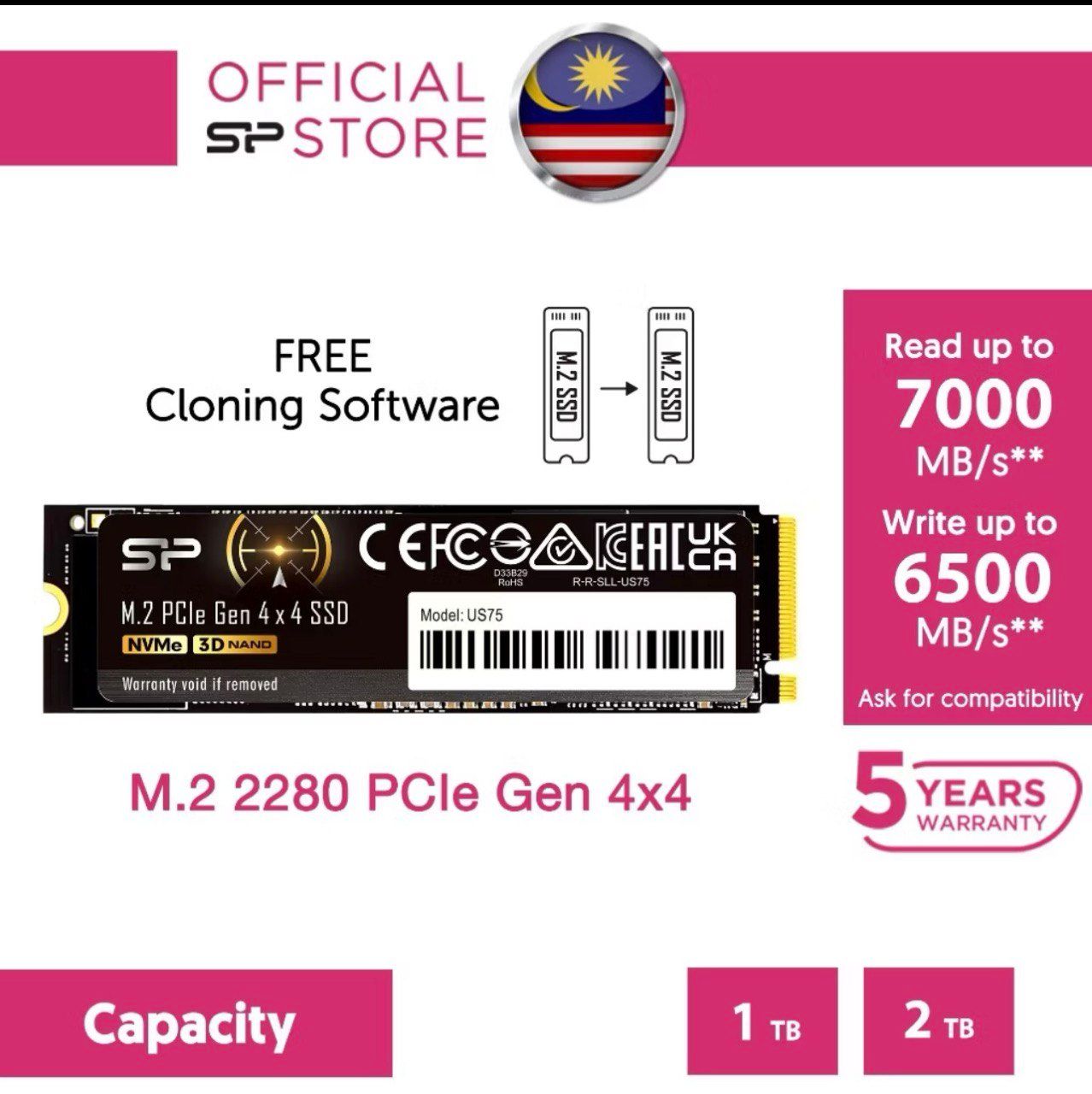 Silicon Power NVMe PCIe Gen4x4 M.2 2280 SSD (1TB/2TB) US75 Solid State Drives