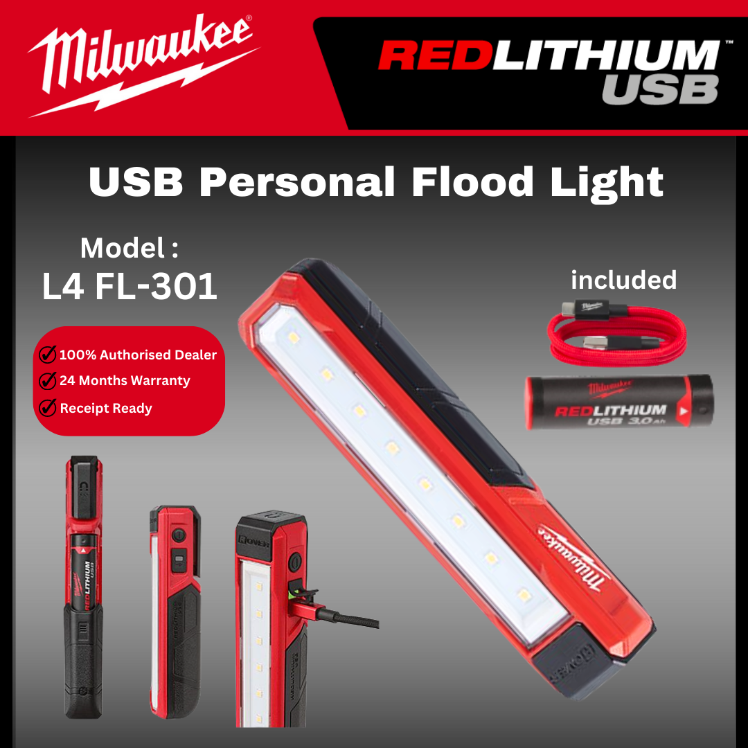 MILWAUKEE USB Personal Flood Light 445 Lumen / L4 FL-301 / Flash Light / Torch Light / Handy Light / Work Light / Lampu Kerja / Milwaukee Light / Milwaukee Lampu
