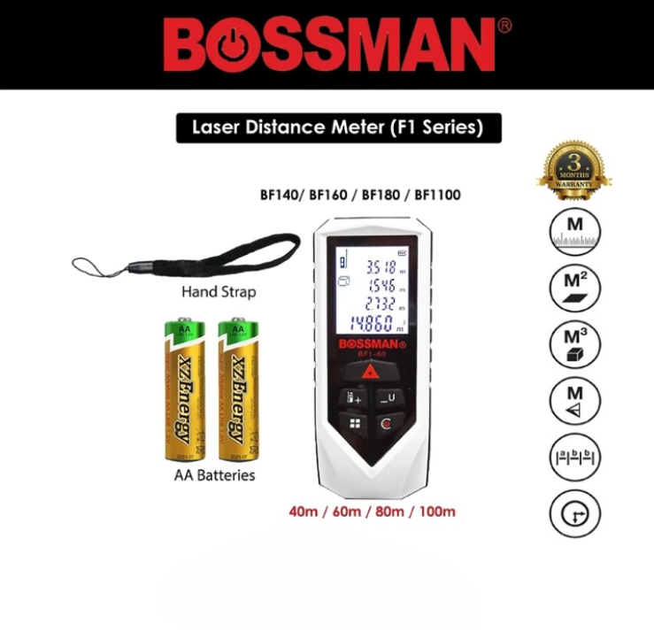 BOSSMAN 40MM/60MM/80MM/100MM LASER DISTANCE METER (BF1-40 / BF1-60 / BF1-80 / BF1-100)