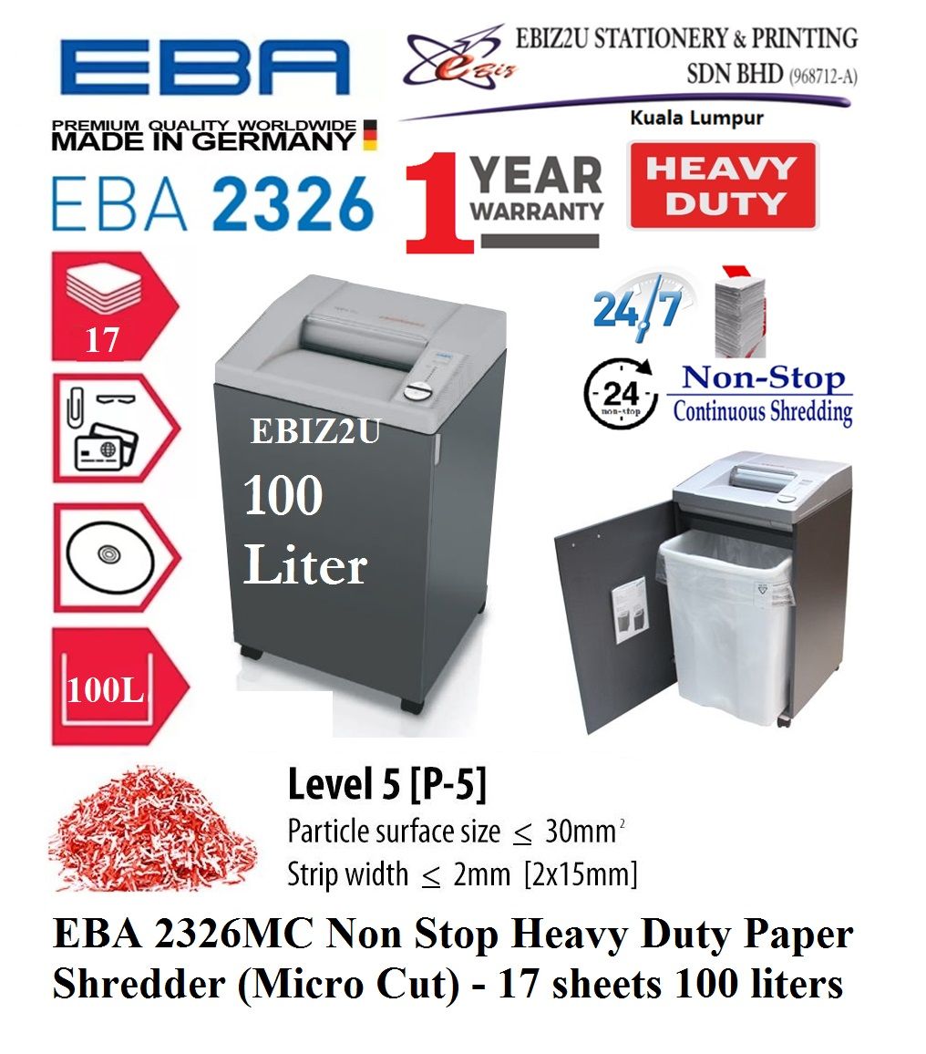 EBA 2326MC Non Stop Heavy Duty Paper Shredder (Micro Cut) - 17 sheets 100 liters (non stop, Micro Cut, Paper Shredder, Shredder Machine, Office Shredder, Heavy Duty Shredder, Mesin Penghancur Kertas)