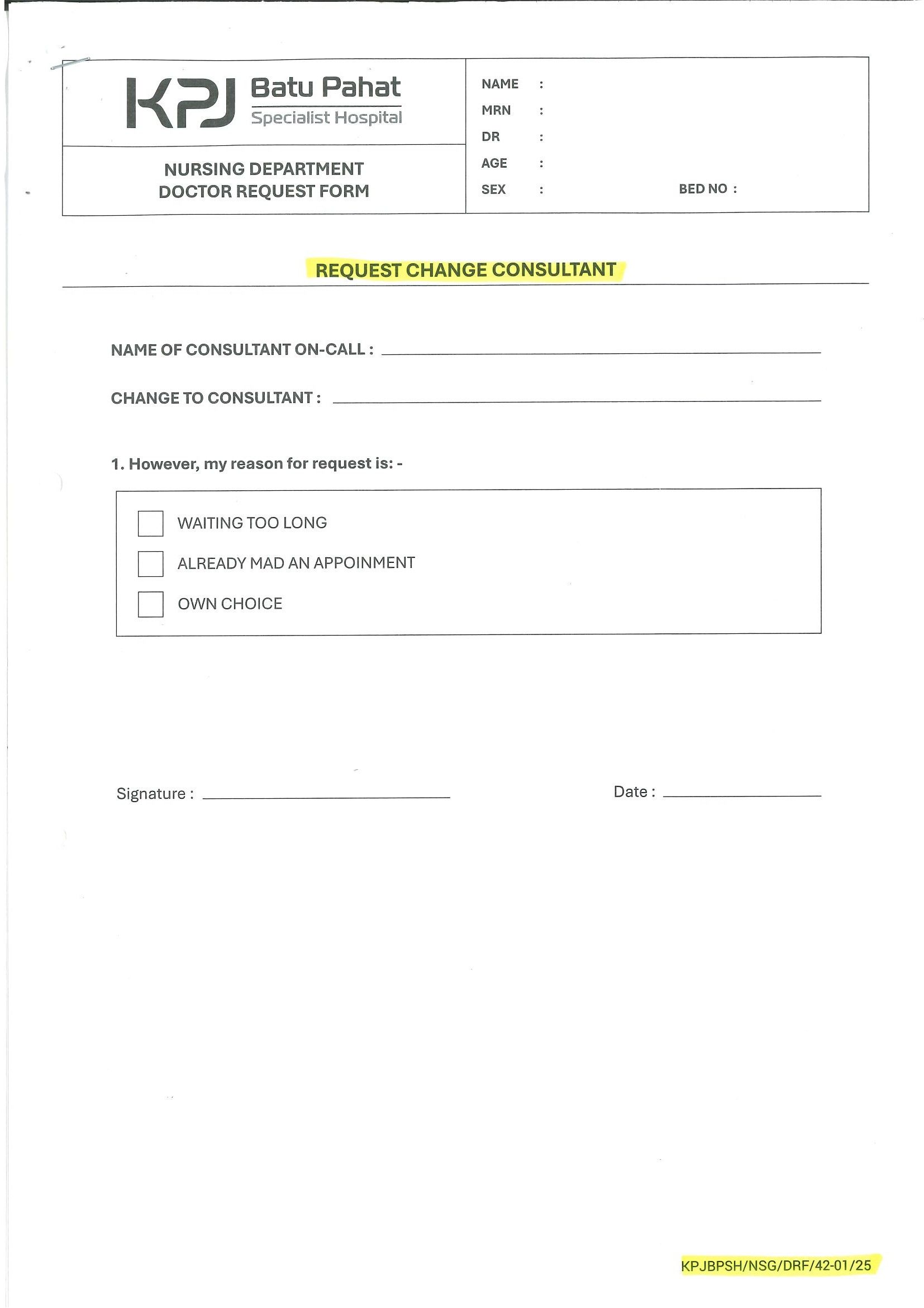 Nursing Department Doctor Request Form