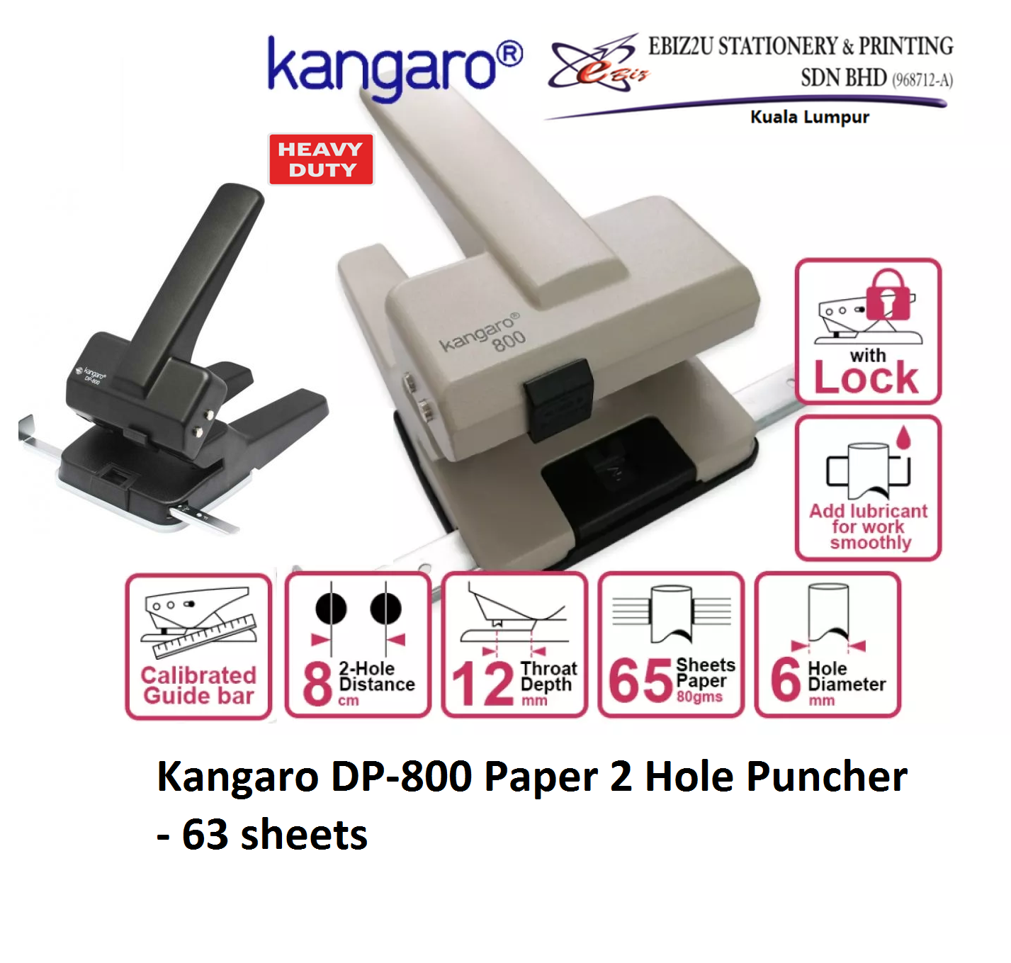 Kangaro DP-800 Paper 2 Hole Puncher - 63 sheets (penumbuk, puncher paper, 2 Hole Puncher, heavy duty puncher, penumbuk 2 lubang, puncher paper, 2 Hole Puncher, heavy duty puncher)