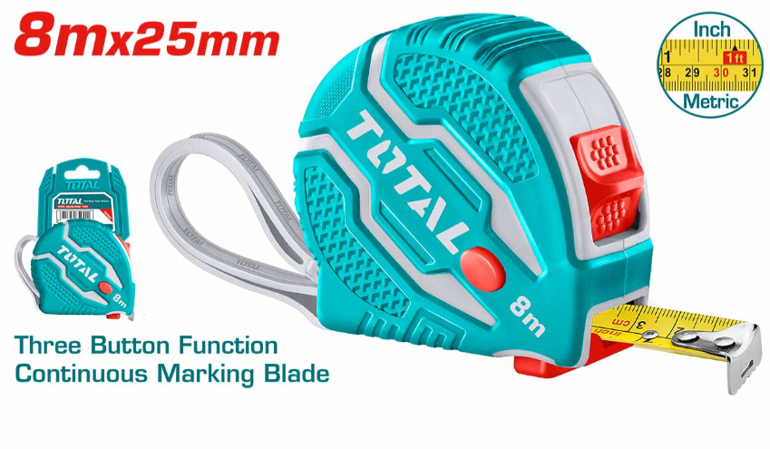 TOTAL STEEL MEASURING TAPE READING IN METRIC & IMPERIAL INCHES & FEET (8M) TMT126081