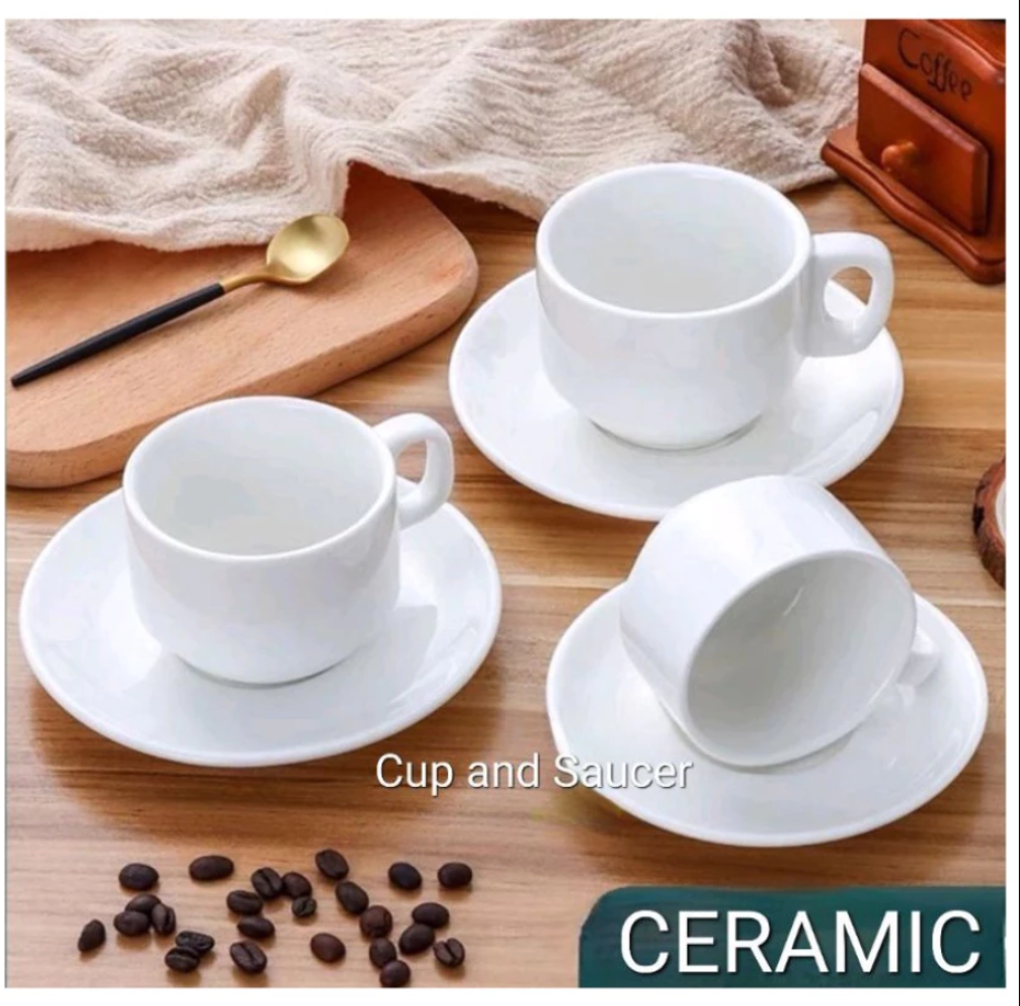 Set White Ceramic Cup & Saucer Set Cawan Kopi Teh Putih Hotel Coffee Tea Cafe Restaurant