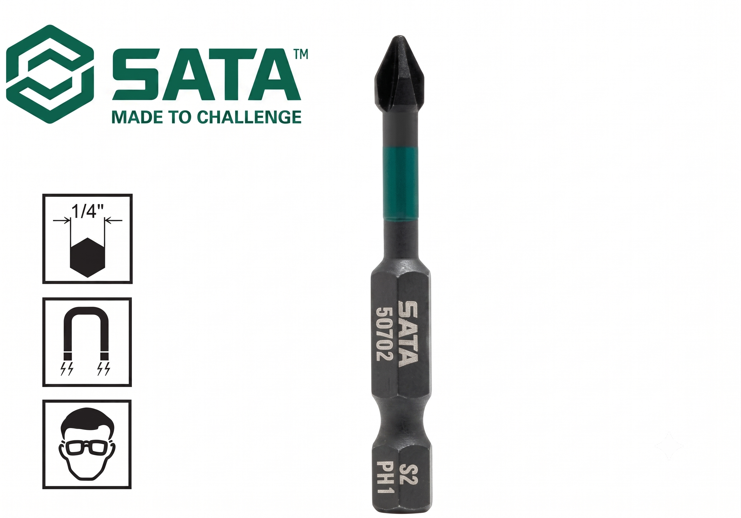 Sata 10PC 1/4’’ IMPACT BITS, 50MM L, PH #3