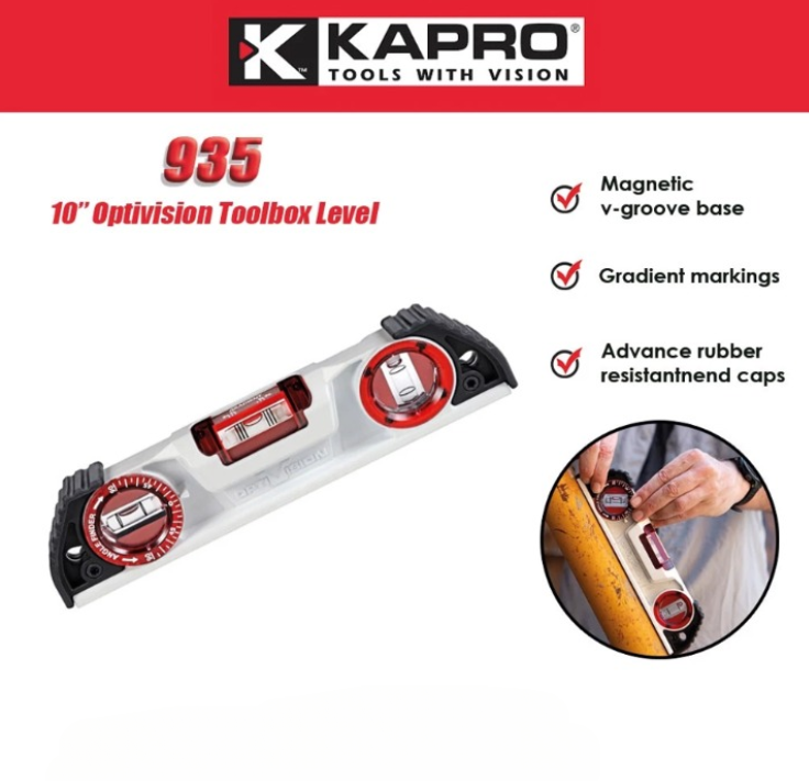KAPRO 935 25CM MAGNETIC SPIRIT TORPEDO LEVEL TOOLBOX WITH ANGLE FINDER & OPTIVISION