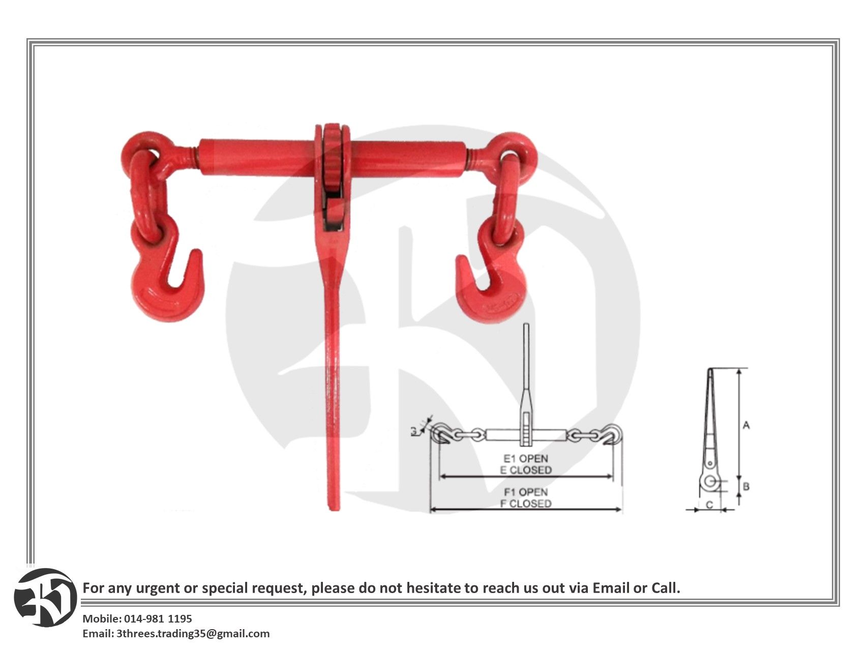 Ratchet Load Binder With Grab Hook 5/16'' - 3/8'' / 3/8" - 1/2" / 1/2" - 5/8"