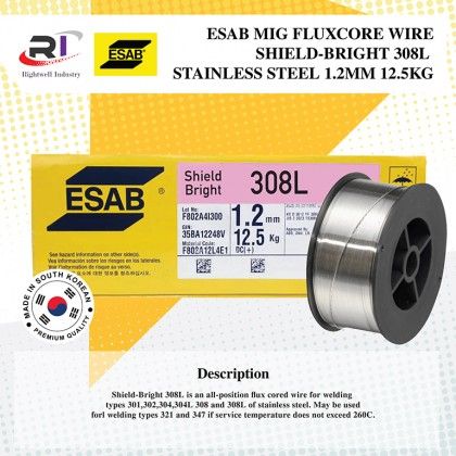 RIGHTWELL ESAB SHIELD-BRIGHT 308L FLUX CORED STAINLESS STEEL WIRE 1.2MM (12.5KG)