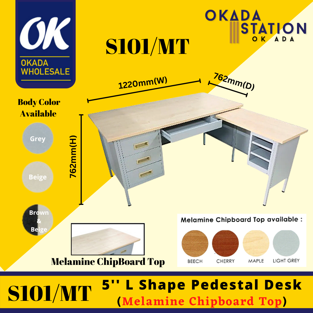 S101/MT 5 '' L Shape Pedestal Desk (Melamine Chipboard Top) / L Shape Steel Table / Pedestal / Pedestal Desk / Desk / Steel Pedestal Desk / Steel Table / Table / Metal Pedestal Desk