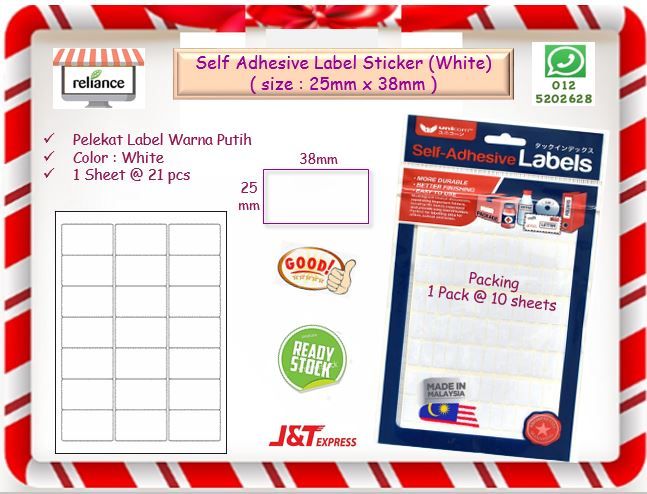 Self Adhesive Label Sticker (White) - 25mm x 38mm / Pelekat Label Putih / Sticker Putih / White Label # RS1713 ( KTT : 1 Pack @ 10 keping x 21 pcs Label )