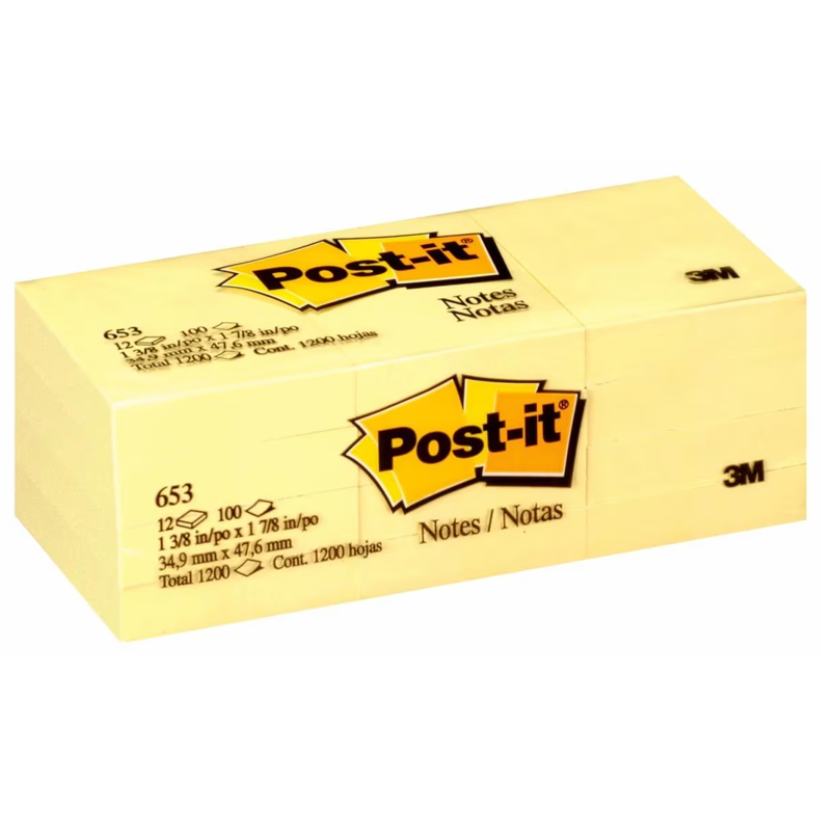 3M 653 1 1/2″ X 2″ POST-IT NOTES YELLOW (100 SHEETS X 12 PADS) (38MM X 51MM)