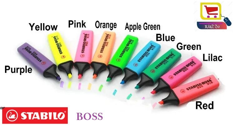 Stabilo Boss Highlighter RTSB ( purple, orange, pink, lilac, yellow, dark green, green, blue , red.)