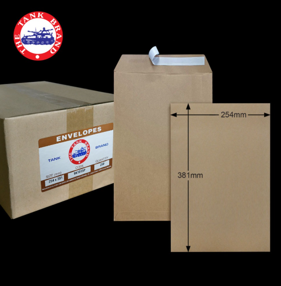 10"X15" TANK BRAND 90GM KRAFT P&S POCKET ENVELOPE (250'S X 4 BOXES)