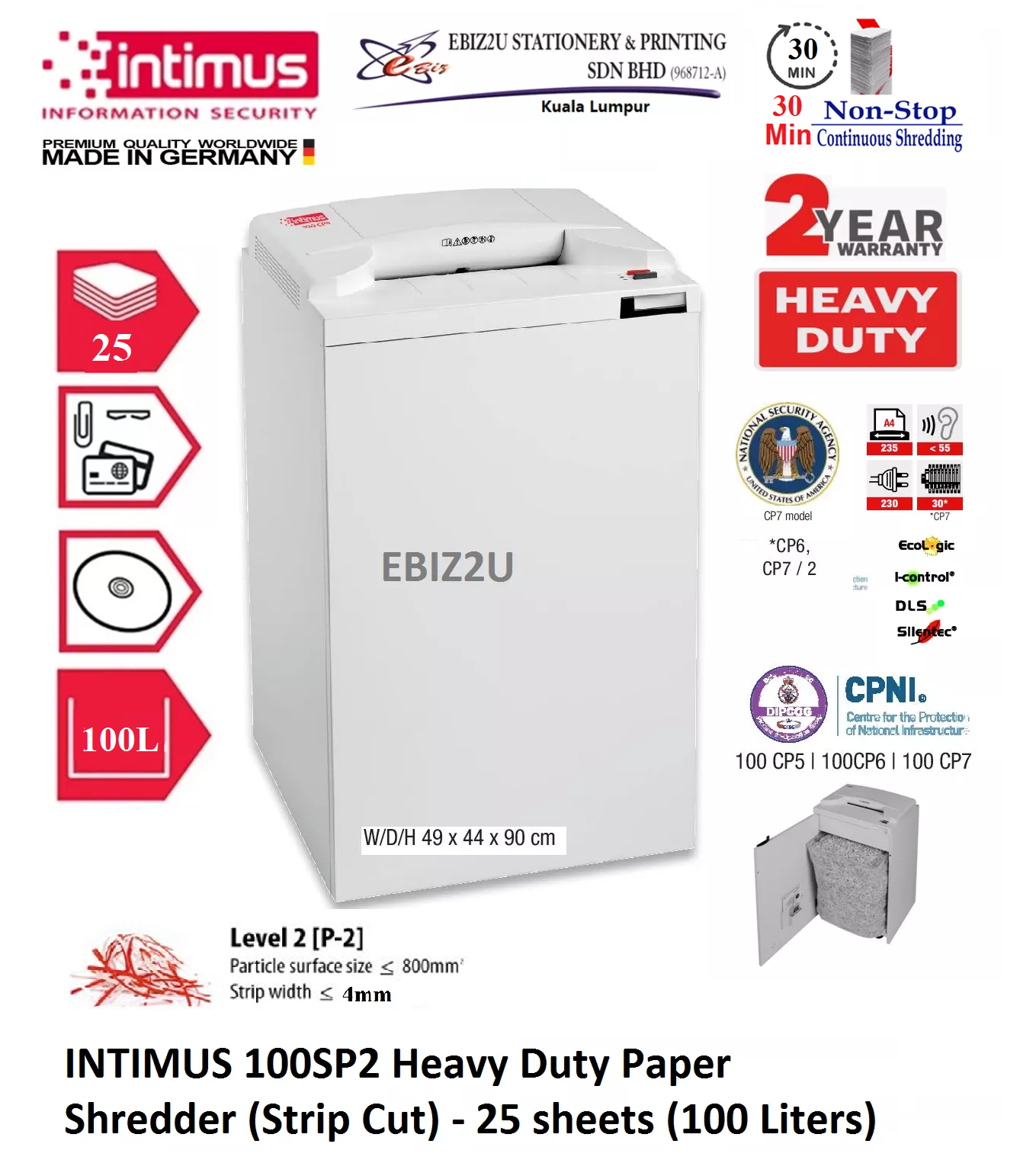 INTIMUS 100 SP2 Paper Shredder (Shred Capacity: 23-25 Sheets, Strip Cut: 3.8mm, Bin Capacity: 100 Liters)_Made in Germany
