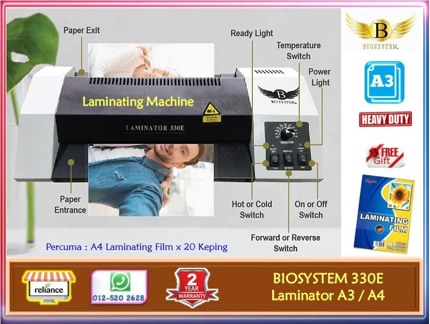 Biosystem A3 Laminator Machine - 330E (Heavy Duty) / Laminating Machine / Mesin Laminator # Saiz : A4 - A3 # Metal Casing # Office Use # Bubble Free # United Kingtom Technology # RP0230 ( KTT : A3 Laminator + A4 Laminating Film x 20 Keping )