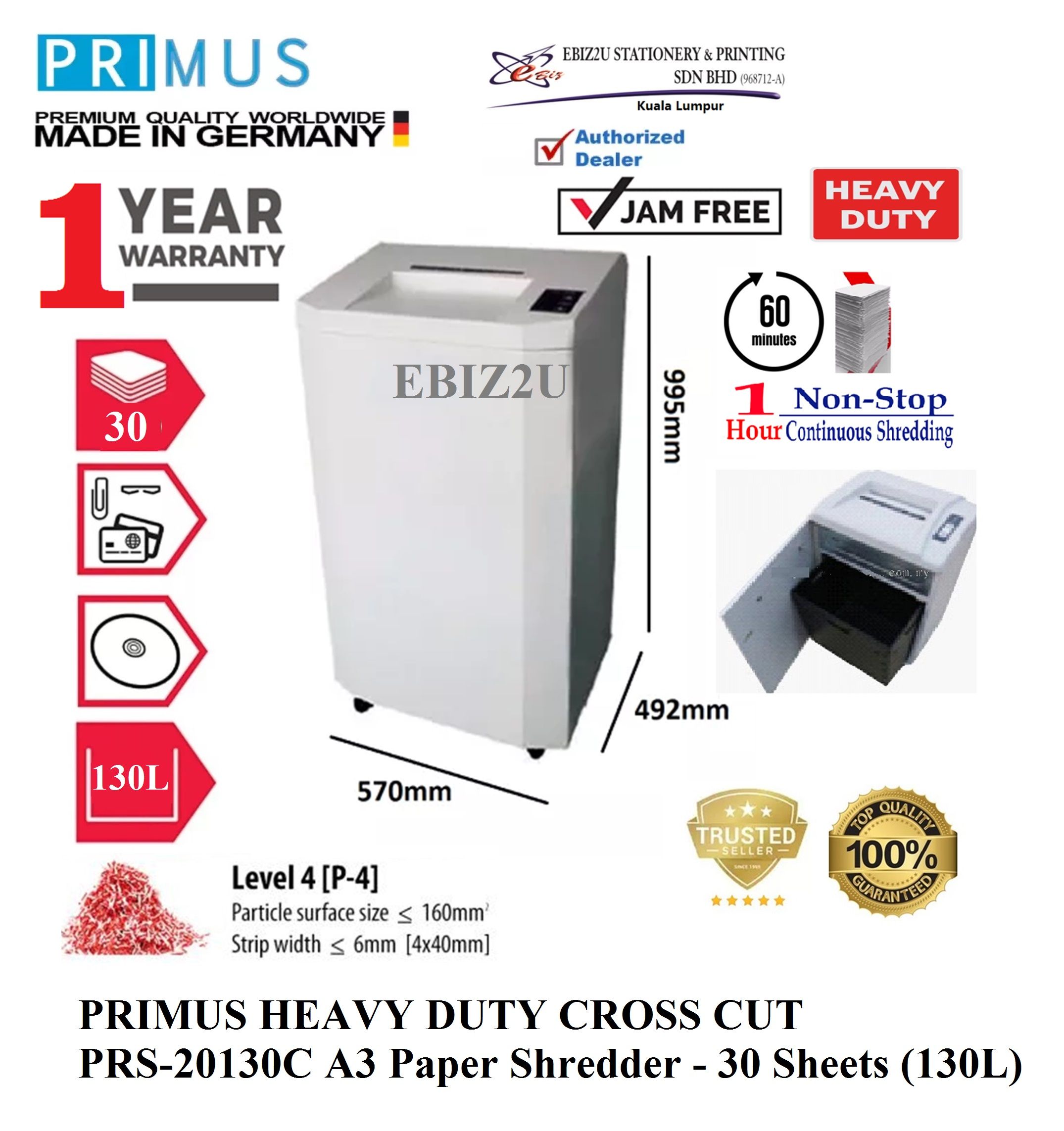 PRIMUS PRS-20130C Departmental Paper Shredder (Shred Capacity: 20 Sheets, Cross Cut: 4x40mm, Bin Capacity: 130 Liters)