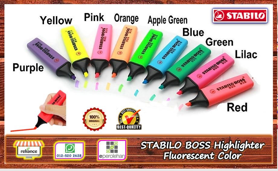 Stabilo Highlighter Pen / Stabilo BOSS - 9 Colors # Anti Dry-Out Technology # Text Maker # Fluorescent Color # Water Based Ink # Non Toxic # 2 Line Width - 2mm & 5mm # RS2225 ( KTT : 1 batang )