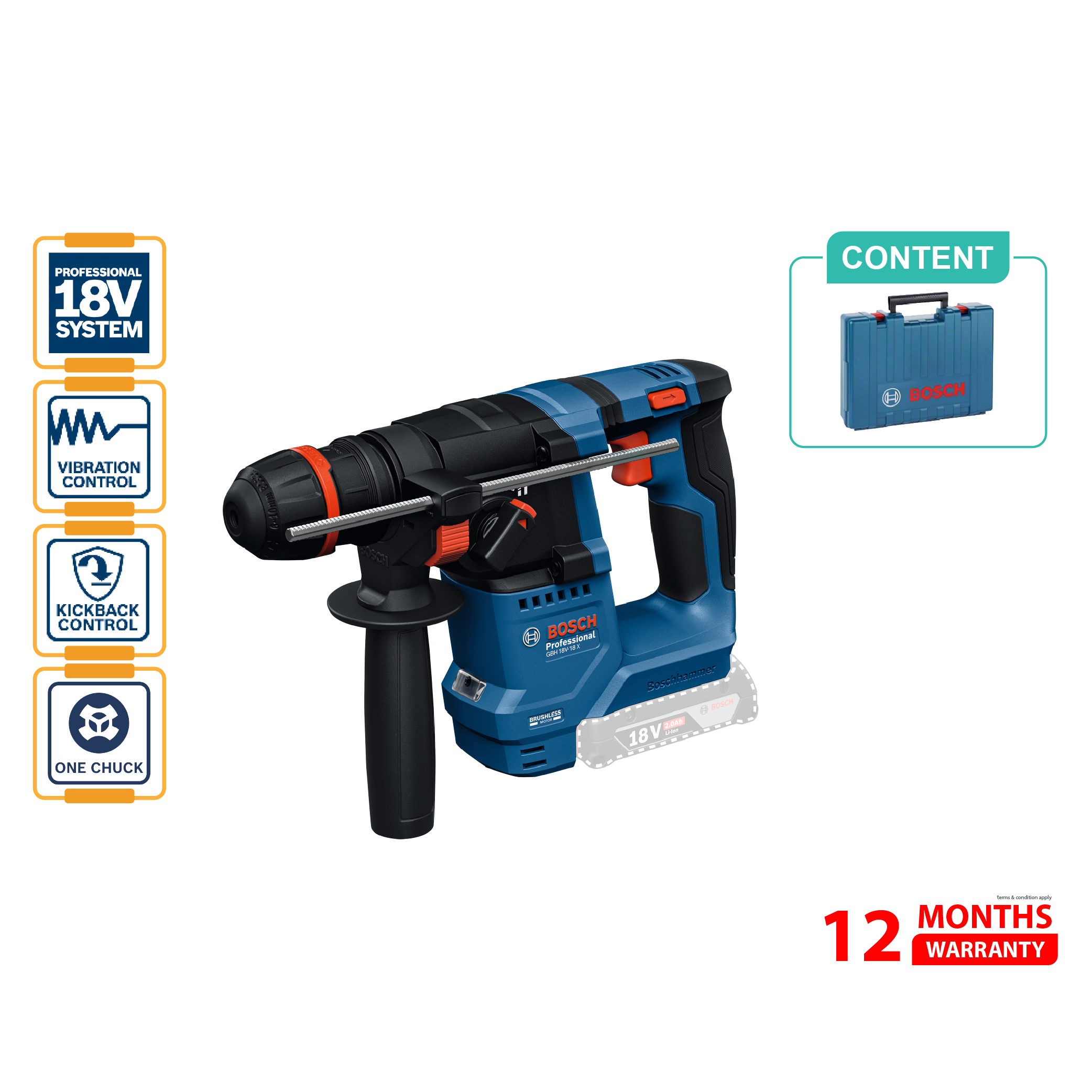 BOSCH GBH 18V-18 X Cordless Rotary Hammer with ONECHUCK (Solo) 鈥�06119271J0