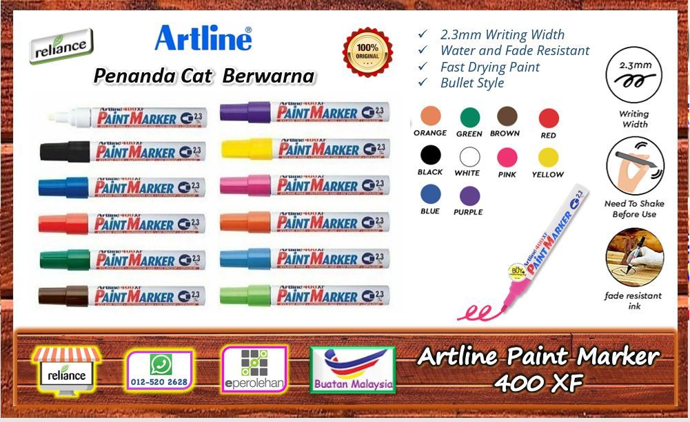 Artline Paint Marker Pen - 400XF (2.3mm) / Pen Cat Berwarna / Cat Marker Pen # Fast Drying # Apply On Surface Steel - Rubber - Plastik - Glass - Timber - Stone Concrete # RP0551 ( KTT : 1 Batang )