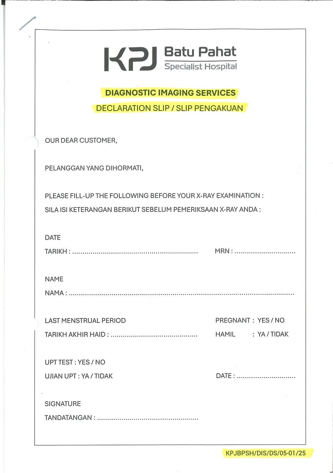 Diagnostic Imaging Services Declaration Slip / Slip Pengakuan