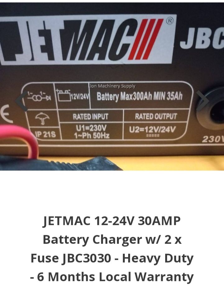 JETMAC 12-24V 30AMP Battery Charger W/ 2 X Fuse JBC3030 Battery Charger W/ 2 X Fuse JBC3030( JETMAC 12-24V 30AMP-)Heavy Duty - 6 Months Local Warranty -