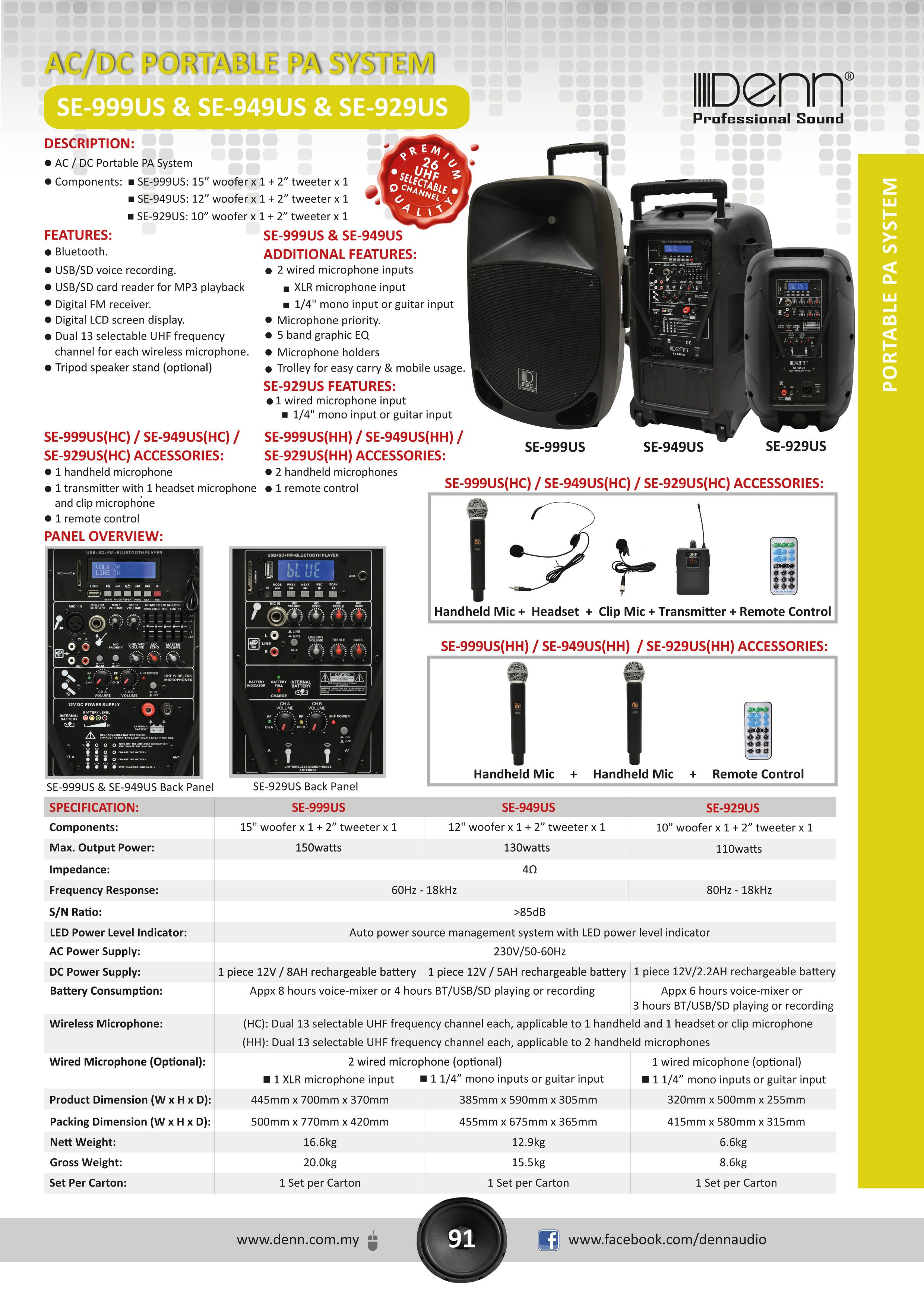 Denn SE-999US (HH) 15" AC/DC Portable PA System with 2 UHF Wireless Handheld Mic SE999