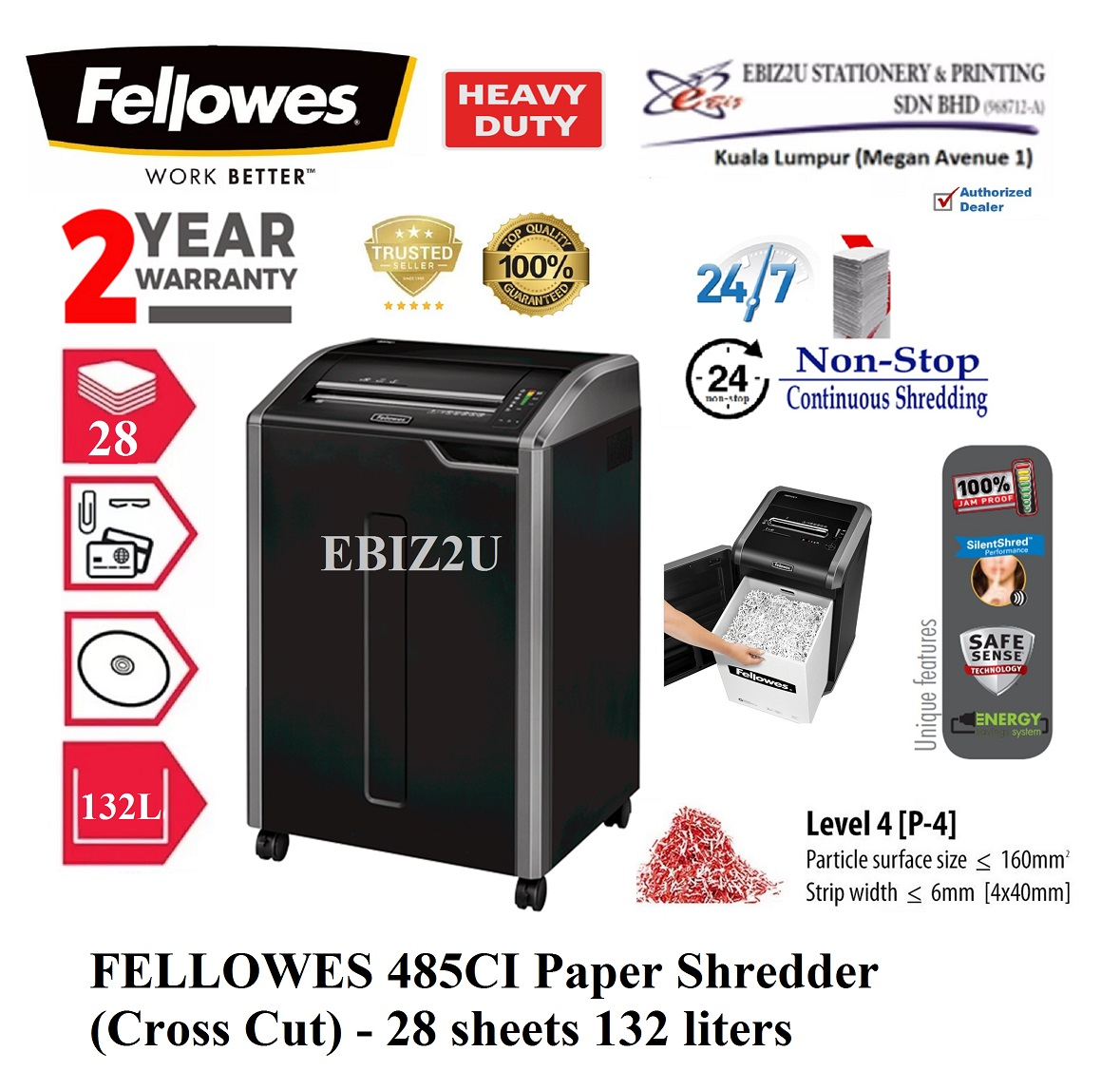 FELLOWES 485CI Paper Shredder (Cross Cut - 4 x 30mm) - 32 sheets 132 liters (non stop, Cross Cut, Paper Shredder, Shredder Machine, Office Shredder, Heavy Duty Shredder, Mesin Penghancur Kertas)