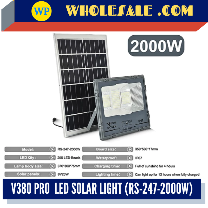 V380 PRO LED OUTDOOR SOLAR LIGHT - 2000W / LED SOLAR LIGHT / WORK LIGHT / SAFETY LIGHT / LAMPU SOLAR / CAHAYA BANJIR SOLAR / LAMPU KESELAMATAN / 5054 HIGH LUMENS / RS-247-2000W