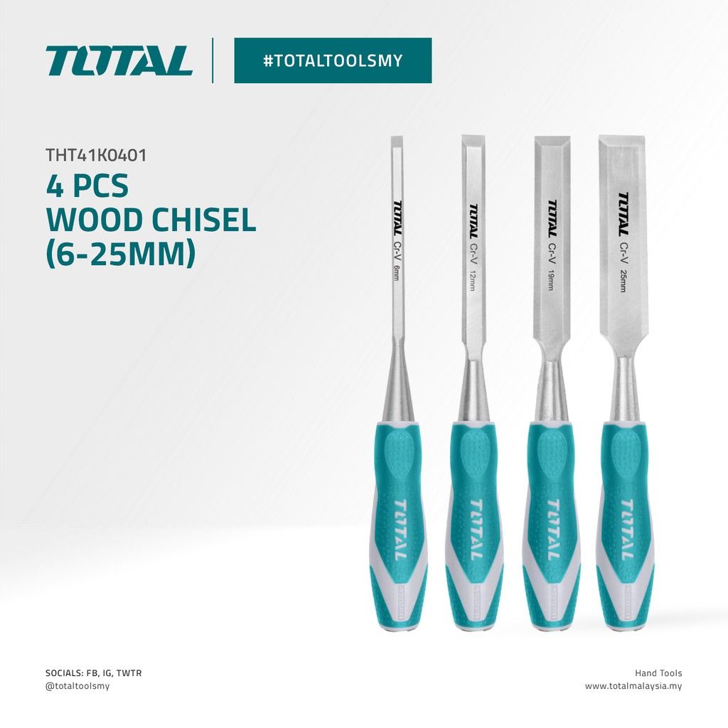 TOTAL WOOD CHISEL CR-V STEEL (6MM/12MM/19MM/25MM/4 PCS) THT41K0401