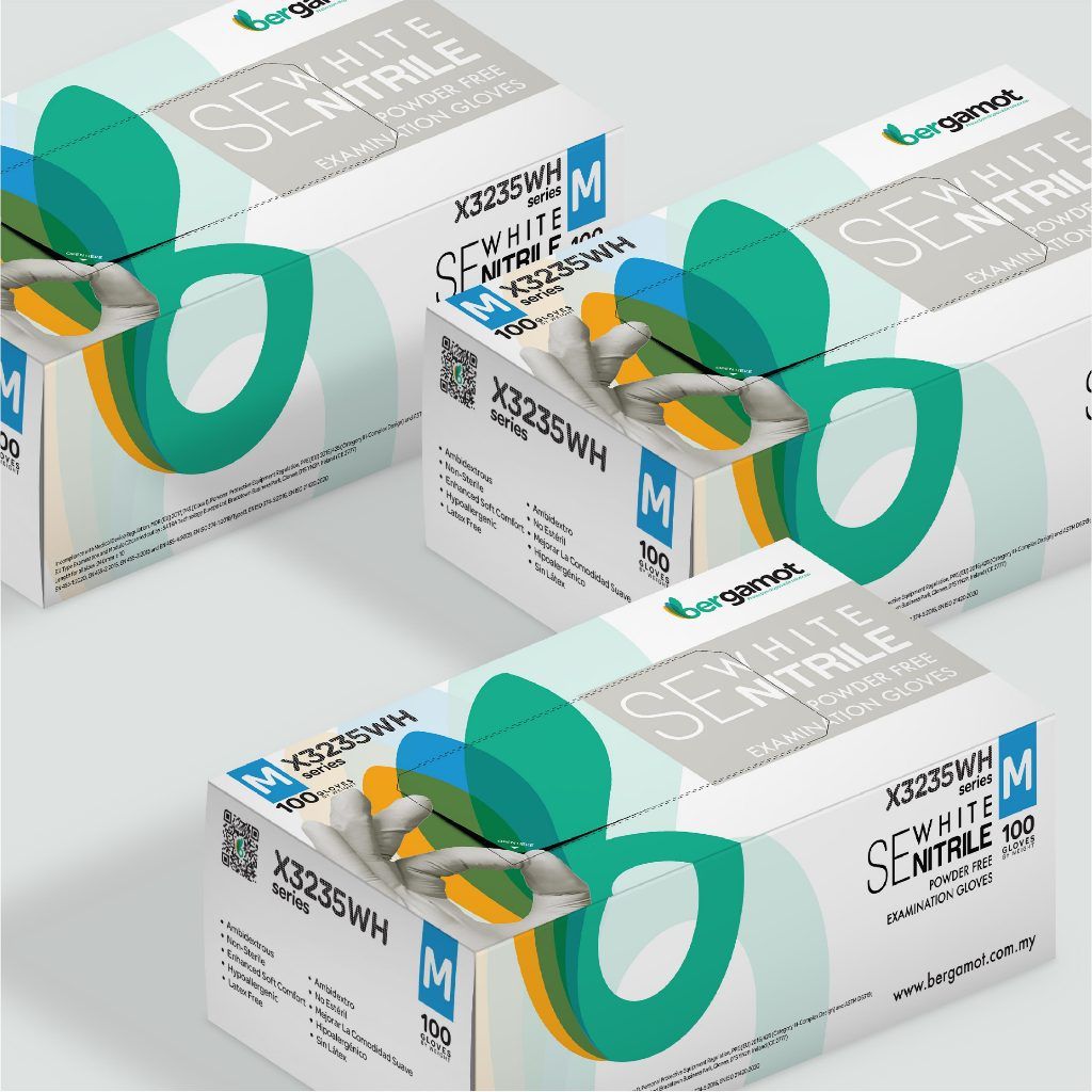 BERGAMOT X3235WT SE White Nitrile Powder Free Extra Thick Examination Gloves 100 Pcs [10box/carton]