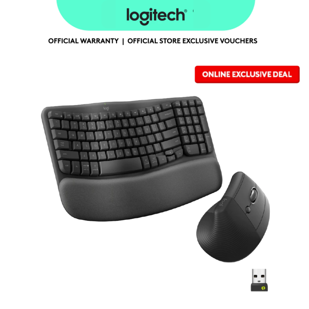 Logitech Wave Keys & Lift Vertical Mouse - Ergonomic Wireless Keyboard and Mouse Combo - with Cushioned Palm Rest