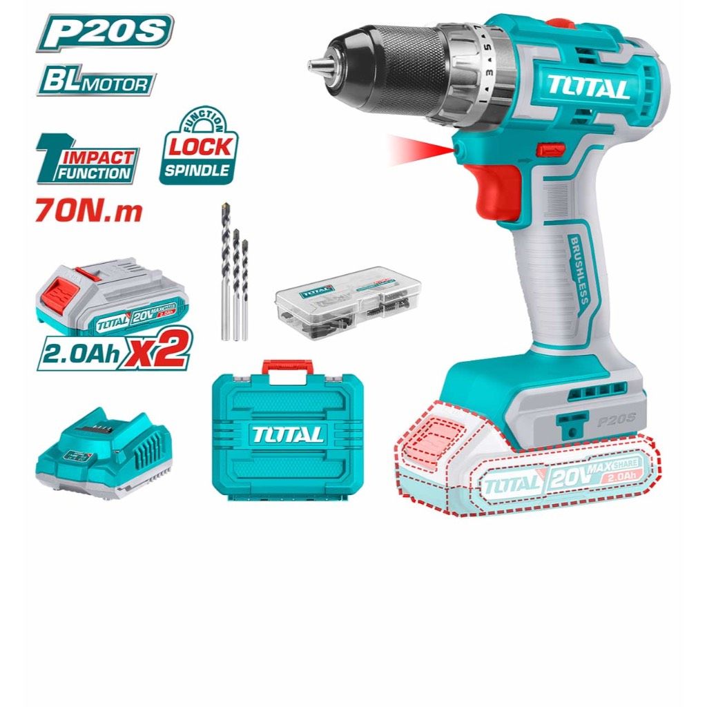 TOTAL LI-ION IMPACT DRILL (70NM/20V) BRUSHLESS MOTOR + BATTERY (2 PCS) + CHARGER + ACCESSORIES (50 PCS) P20S TIDLI20605