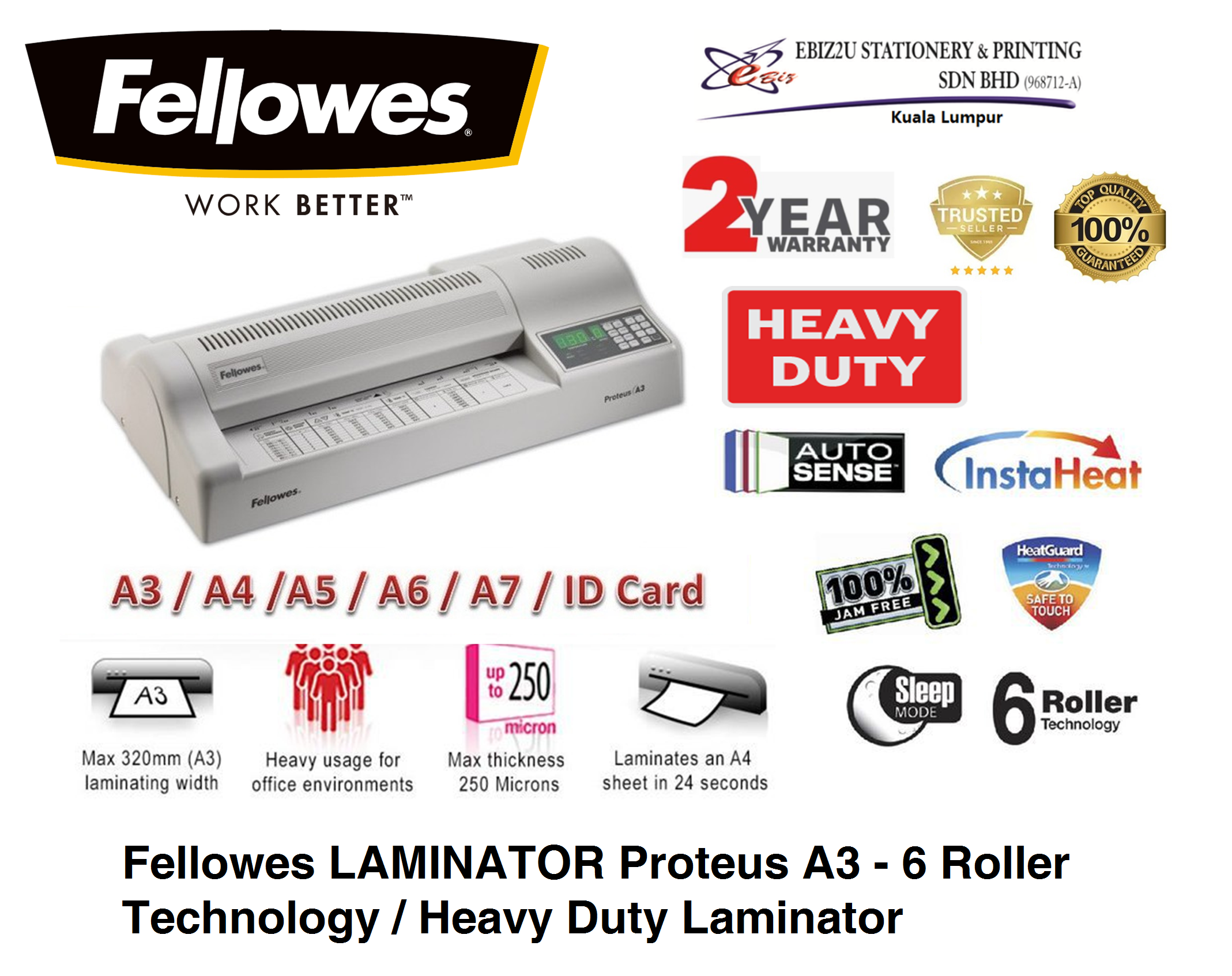 Fellowes LAMINATOR Proteus A3 - 6 Roller Technology / Heavy Duty Laminator (Laminator Machine, laminate machine, laminate, Laminator, heavy duty)