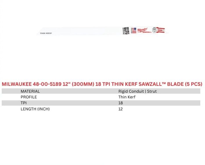 Milwaukee 12" (300mm) 18 TPI Thin Kerf SAWZALL™ Blade (5pcs) 48-00-5189