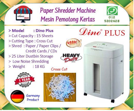 DINO PLUS Paper Shredder Machine / Mesin Pemotong Kertas / Mesin Perincih # 15 Sheets A4 # Cross Cut # Heavy Duty # Germany Teknologi # RS1235 ( KTT : 1 Unit )