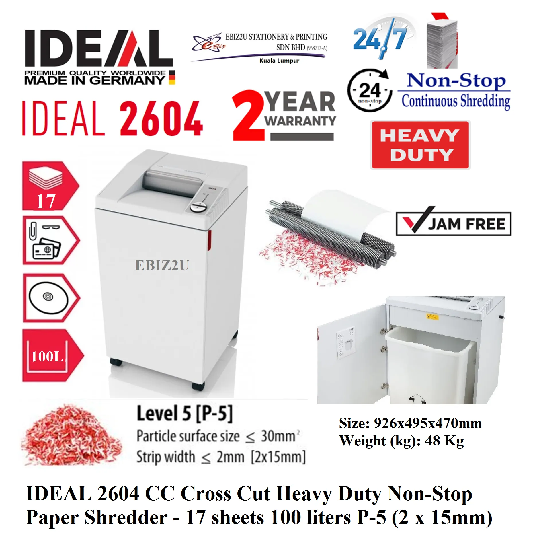 IDEAL 2604 MC Micro Cut Heavy Duty Non-Stop A3 Paper Shredder - 17 sheets 100 liters P-5 (2 x 15mm) ( 2604MC, Paper Shredder, Shredder Machine, Office Shredder, Mesin Penghancur Kertas, Heavy Duty Shredder, Heavy Duty Paper Shredder)
