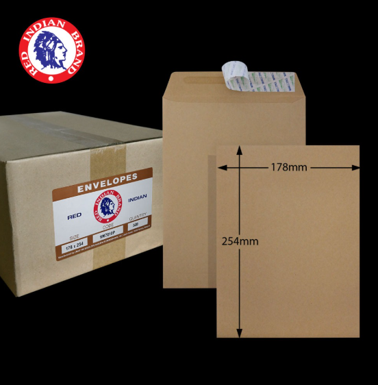 7 " X 10 " RED INDIAN 90GM BROWN MANILA P&S POCKET ENVELOPE (500'S X 2 BOXES)