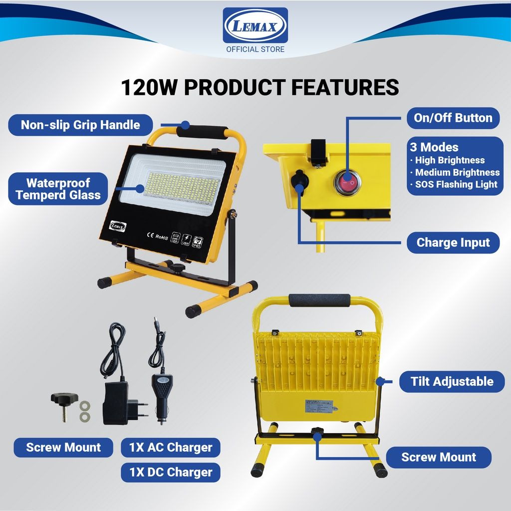 LEMAX Super Bright Rechargeable LED Flood Light Portable (120W) AC/DC