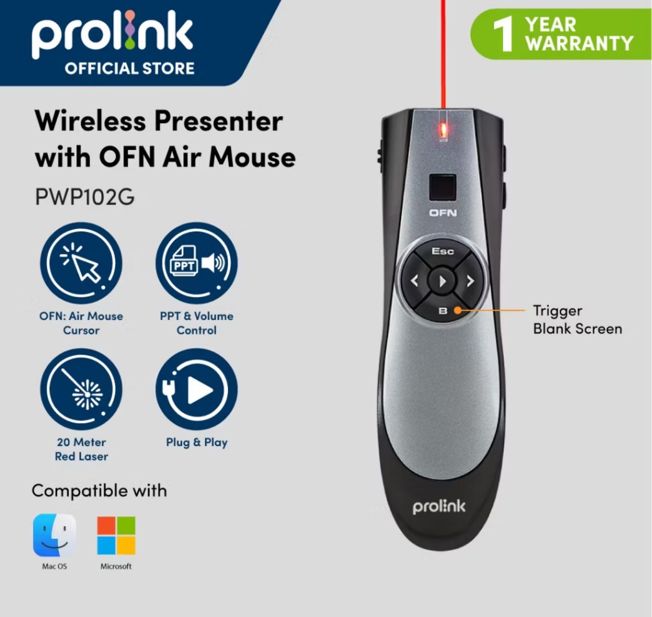 Prolink Wireless Presenter with Air Mouse Sirim & MCMC Approved [Free AAA Batteries] PWP102G