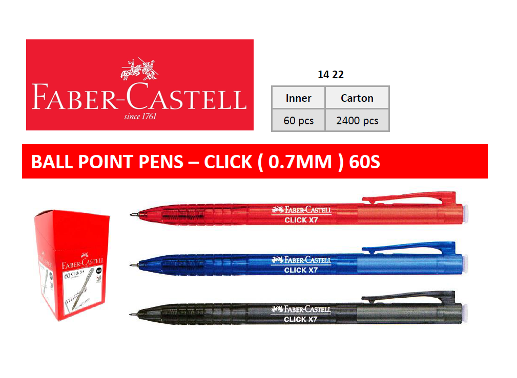 FABER-CASTELL CLICK X7 (F) 0.7MM BALL POINT PEN (BLACK/BLUE/RED) 60 pcs per box