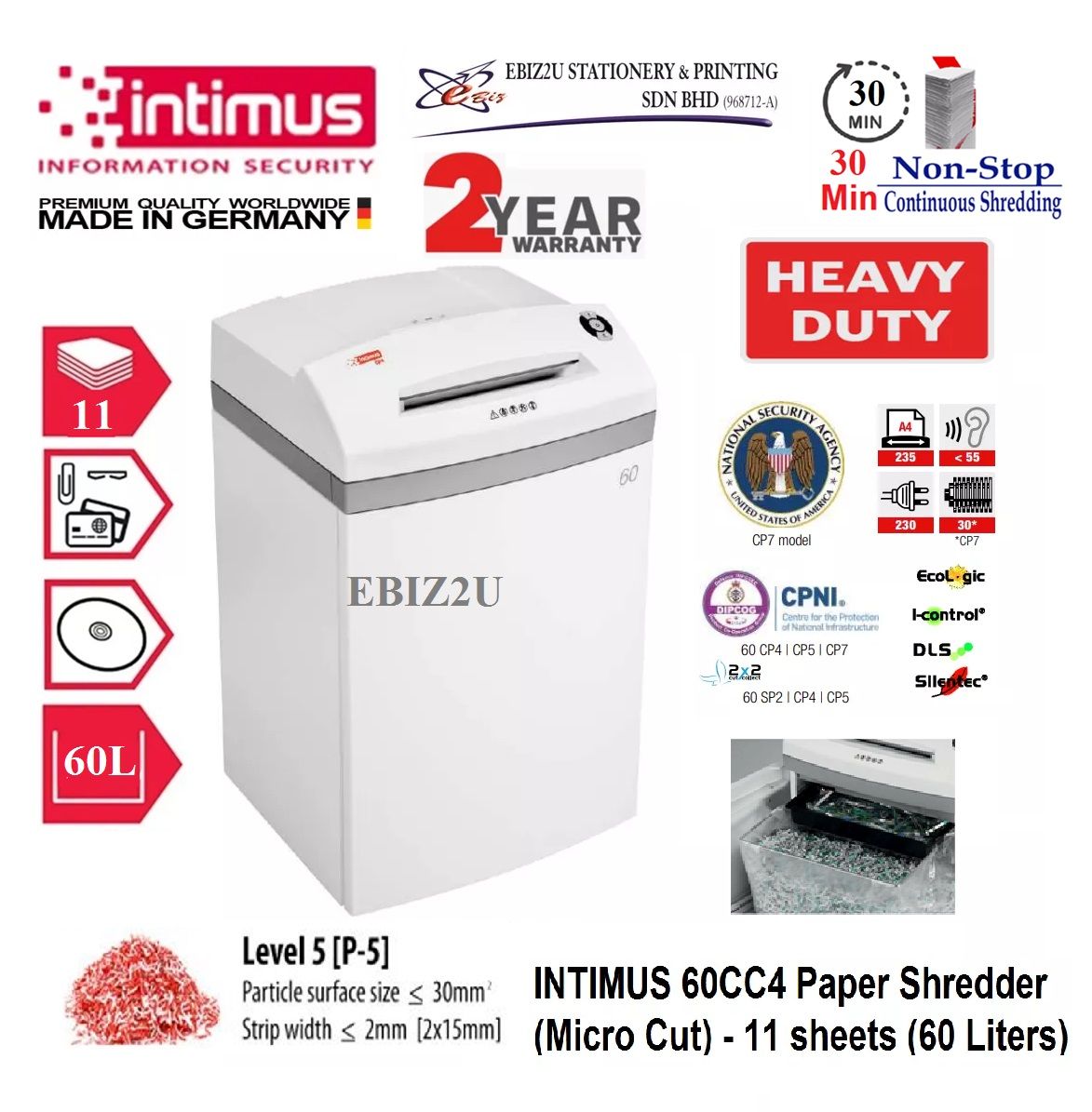 INTIMUS 60 CC4/CP5 Paper Shredder (Shred Capacity: 9-10 Sheets, Micro Cut: 1.9x15mm, Bin Capacity: 60 Liters)_Made in Germany
