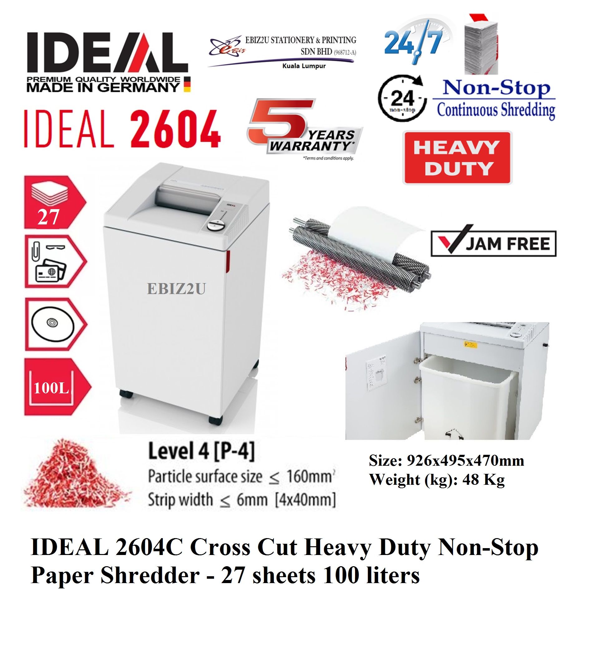 IDEAL 2604 CC Cross Cut Heavy Duty Non-Stop Paper Shredder - 17 sheets 100 liters P-5 (2 x 15mm) ( 2604C, Paper Shredder, Shredder Machine, Office Shredder, Mesin Penghancur Kertas, Heavy Duty Shredder, Heavy Duty Paper Shredder)