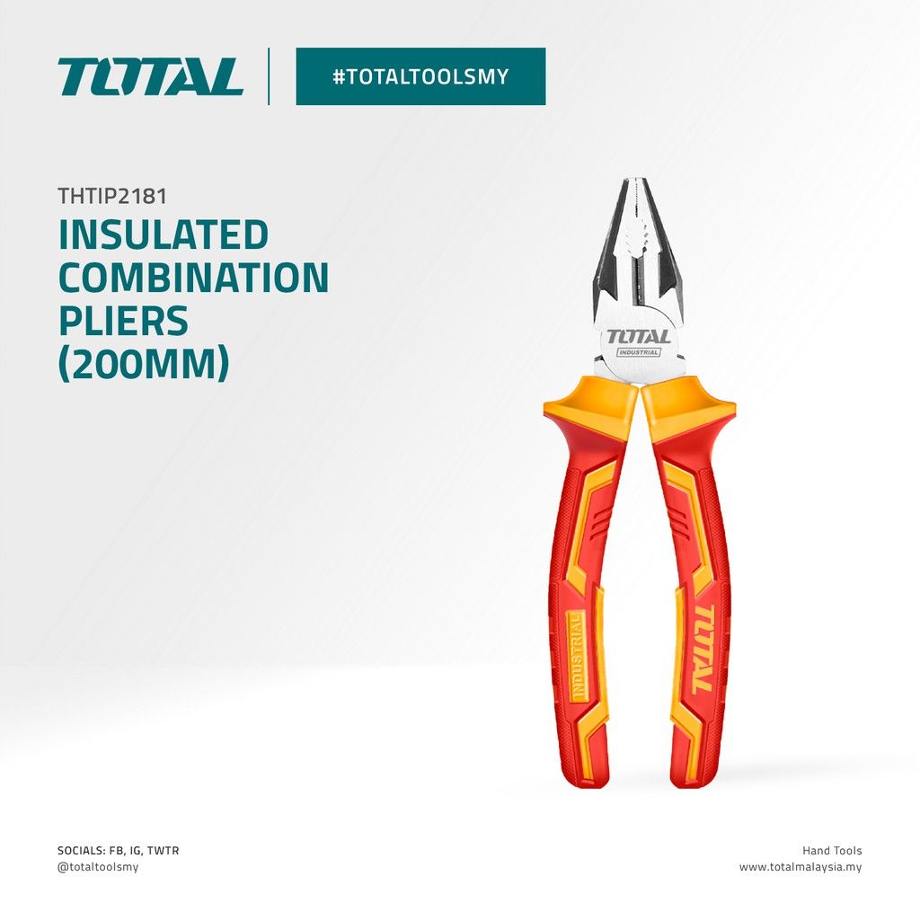 TOTAL INSULATED COMBINATION PLIERS WITH CHROMIUM-VANADIUM STEEL CR-V (VOLTAGE RANGE 1000V/8") THTIP2181 (VDE Approved Certifications)