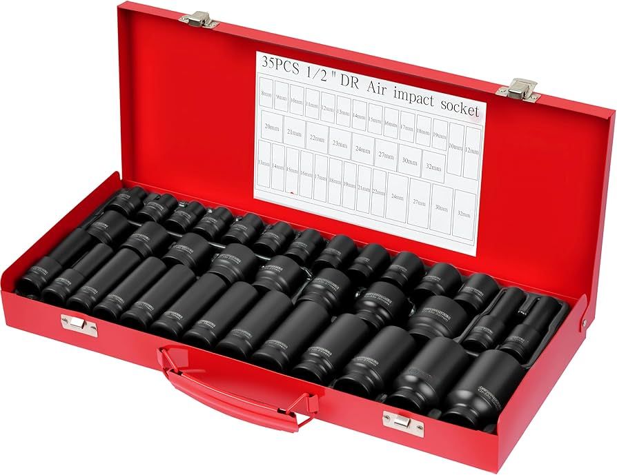 35pcs 1/2" 8-32mm Deep Impact Ratchet Wrench Socket Set Metric Tool Set Hex 6 Points Socket Sleeve Air Impact Socket