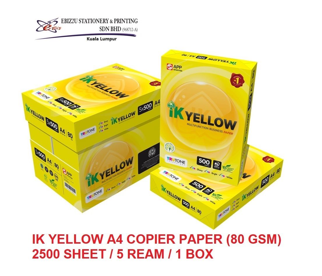 IK YELLOW A4 COPIER PAPER (80 GSM) 2500 SHEET / 5 REAM / 1 BOX - KERTAS A4 OFFICE PAPER