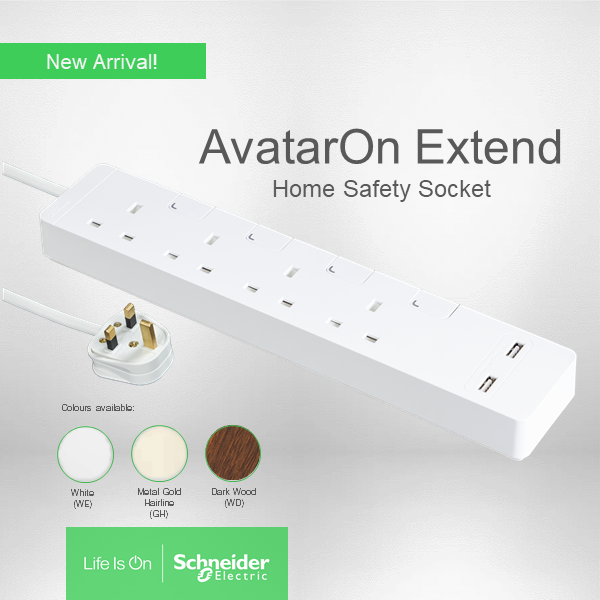 Schneider *Schneider Electric Avatar On 4 Gang trailing socket with Switch & USB 3M length Cable